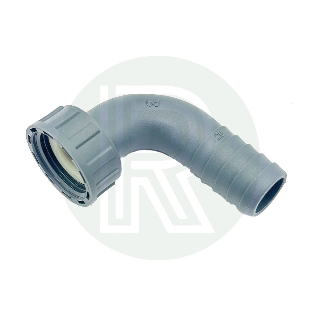3/4" BSP female to 20mm 90-degree barbed hose tail adaptor for campervan water tanks, plumbing, and irrigation systems.