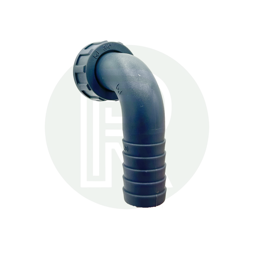 Grey 90° elbow hose connector with 3/4" BSP female thread and 20mm barbed hosetail outlet.