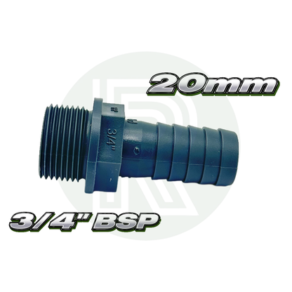Plastic threaded hose adaptor featuring a male BSP fitting and stepped 20mm hose barb outlet.