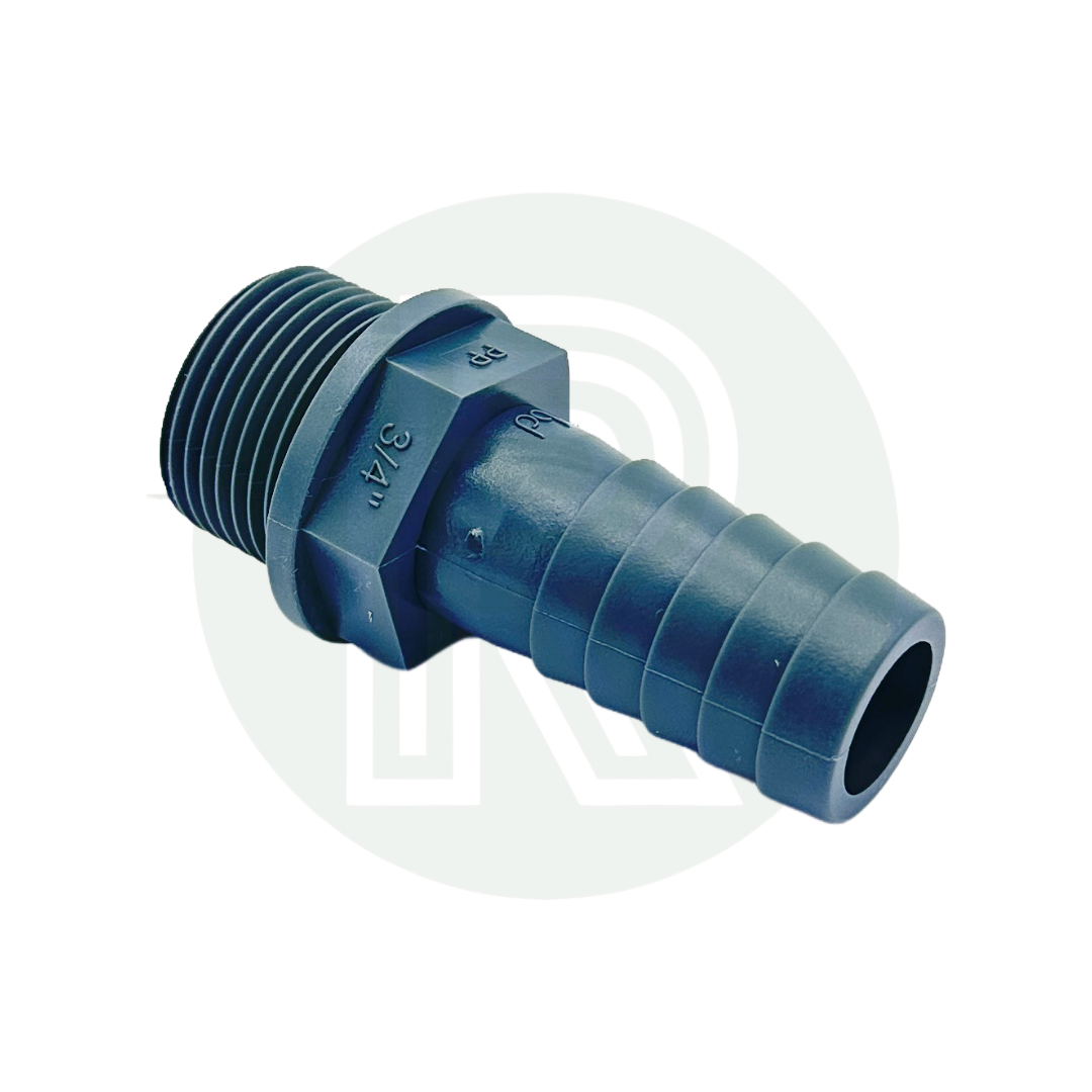 3/4” BSP male to 20mm barbed hosetail connector for campervan water tanks, plumbing, irrigation, and fluid transfer systems.