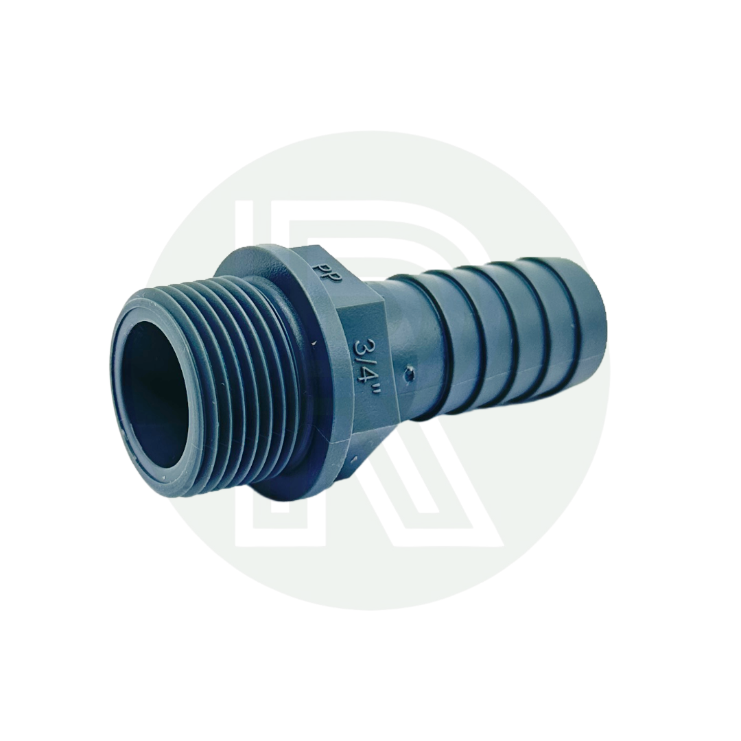 Durable polypropylene hosetail fitting designed to connect 20mm flexible hose to 3/4-inch BSP threaded systems.