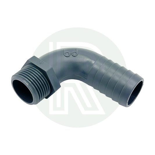 3/4" BSP Male to 1" (25mm) Male Grey 90 Degree Barbed Hose Tail
