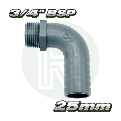3/4" BSP Male to 1" (25mm) Male Grey 90 Degree Barbed Hose Tail