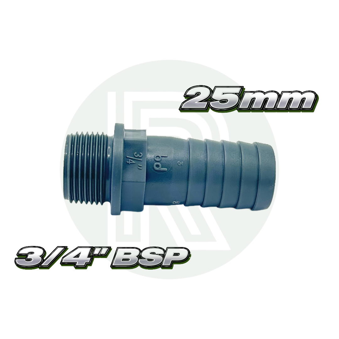 Plastic threaded hose adaptor featuring a male BSP fitting and stepped 25mm hose barb outlet.