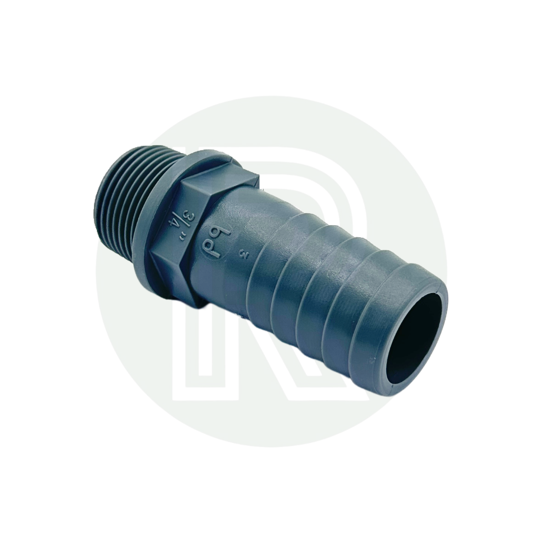 3/4” BSP male to 25mm barbed hosetail connector for campervan water tanks, plumbing, irrigation, and fluid transfer systems.