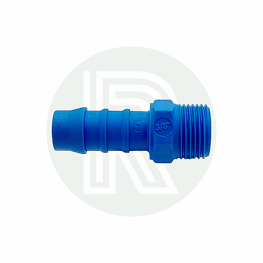 3/8 inch BSP male threaded to 1/2 inch barbed hose tail straight connector for fresh water plumbing applications