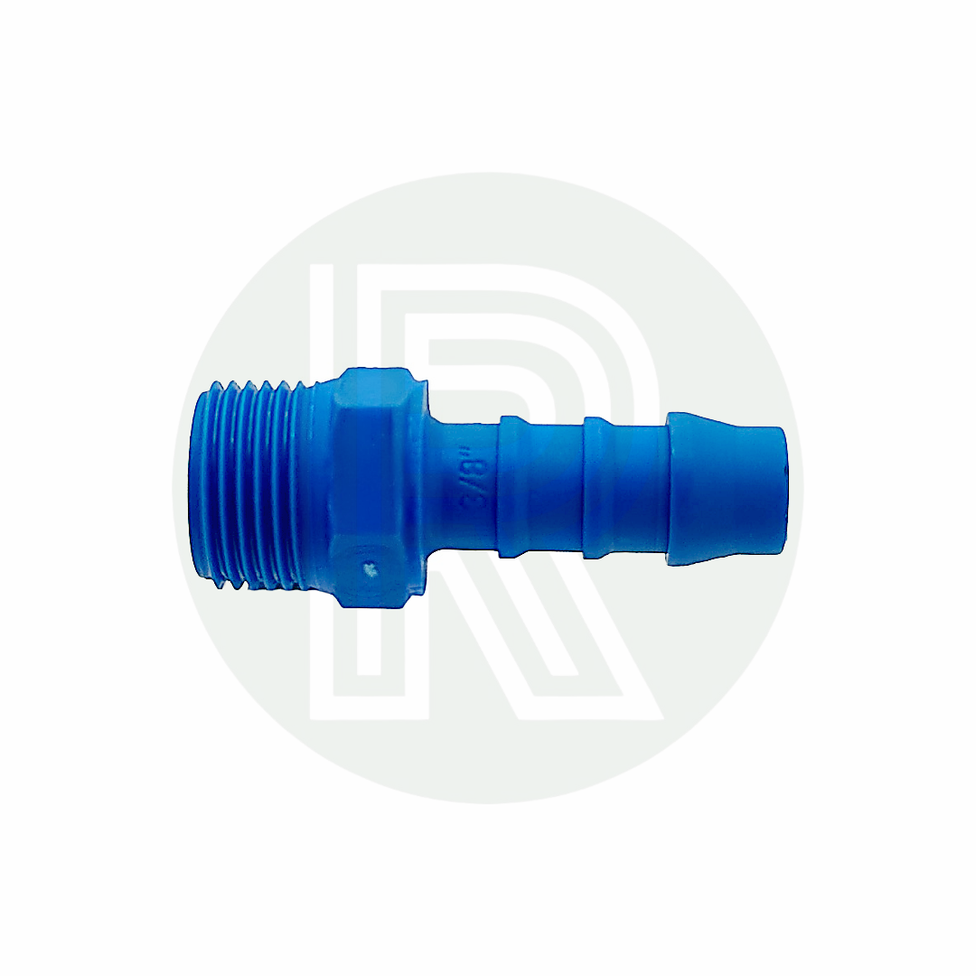 3/8 inch BSP male threaded to 3/8 inch 10mm barbed hose tail adaptor for fresh water plumbing applications