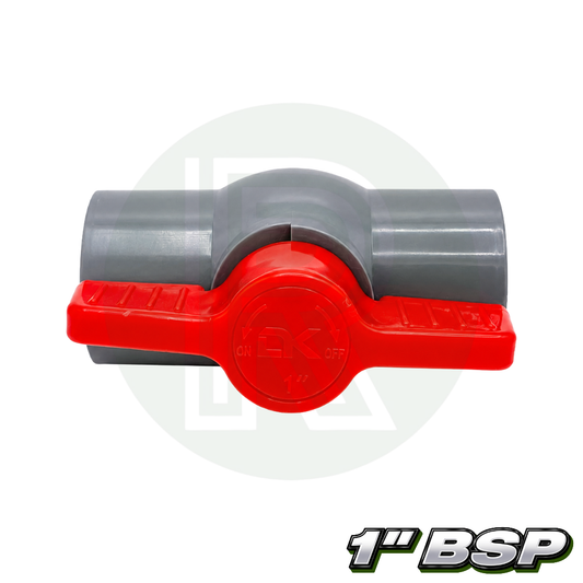 Grey 32mm ID PVC pushfit isolation ball valve with red quarter turn handle side view