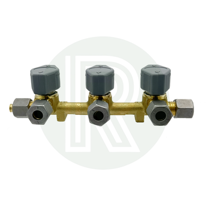 Truma 3 way manifold showing 8mm pipe connections