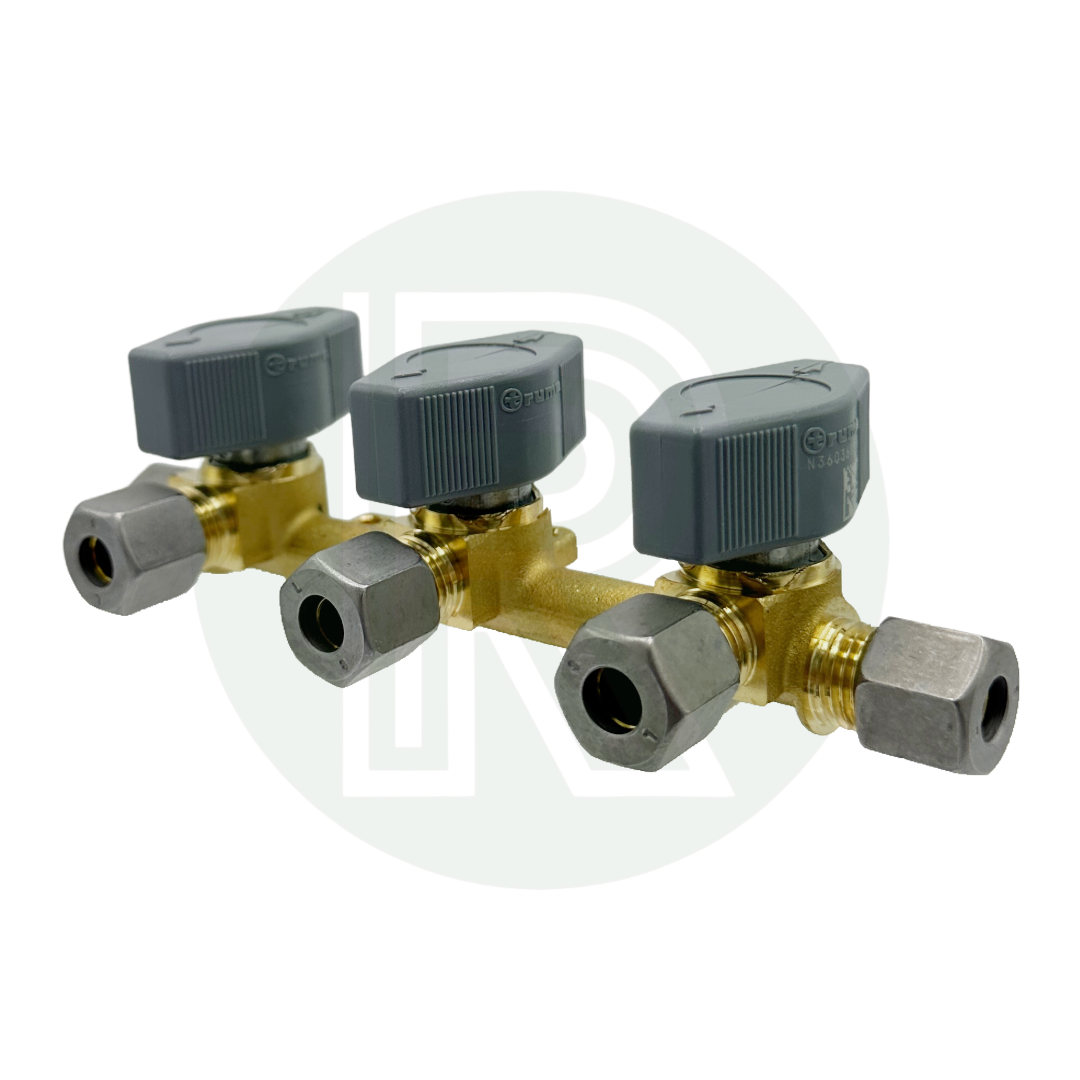 Truma 3 way gas manifold with triple 8mm outlet isolation valves