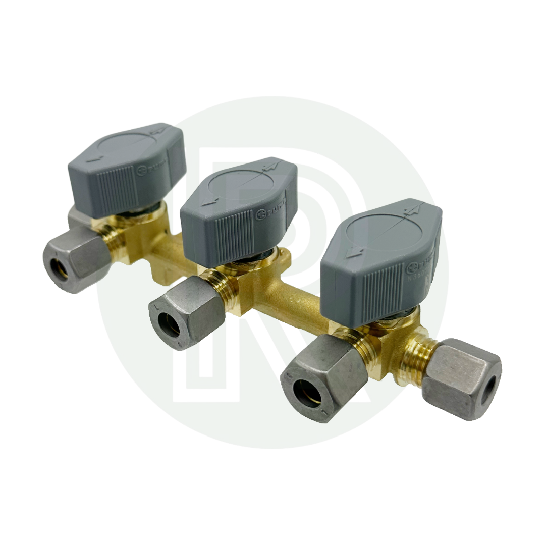 Truma 3 way manifold showing 8mm pipe connections