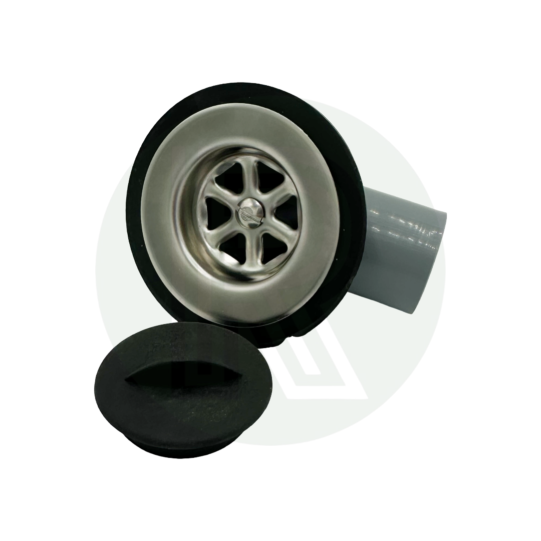 Grey angled sink waste fitting with 45mm flange and 28mm push fit outlet for motorhome caravan campervan and marine sinks