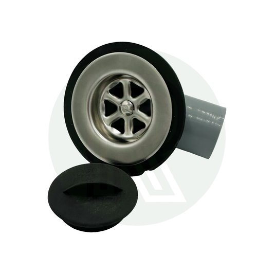 Grey angled sink waste fitting with 45mm flange and 28mm push fit outlet for motorhome caravan campervan and marine sinks
