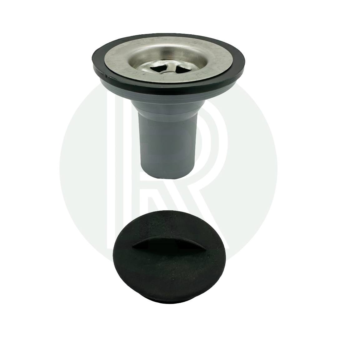 Grey straight sink waste fitting with 45mm flange and 28mm push fit outlet for motorhome caravan campervan and marine sinks