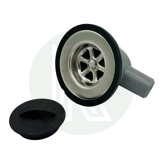 Grey angled sink waste fitting with 45mm flange and 20mm push fit outlet for motorhome caravan campervan and marine sinks