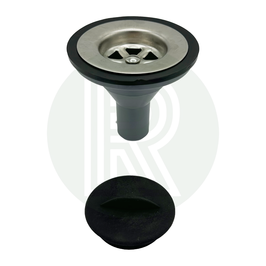 Grey sink waste fitting with removable strainer and sink plug for motorhome caravan and boat installations
