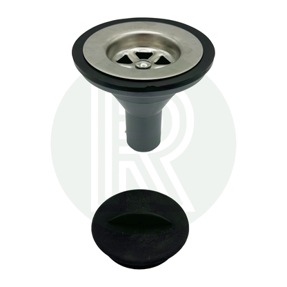 Grey sink waste fitting with removable strainer and sink plug for motorhome caravan and boat installations
