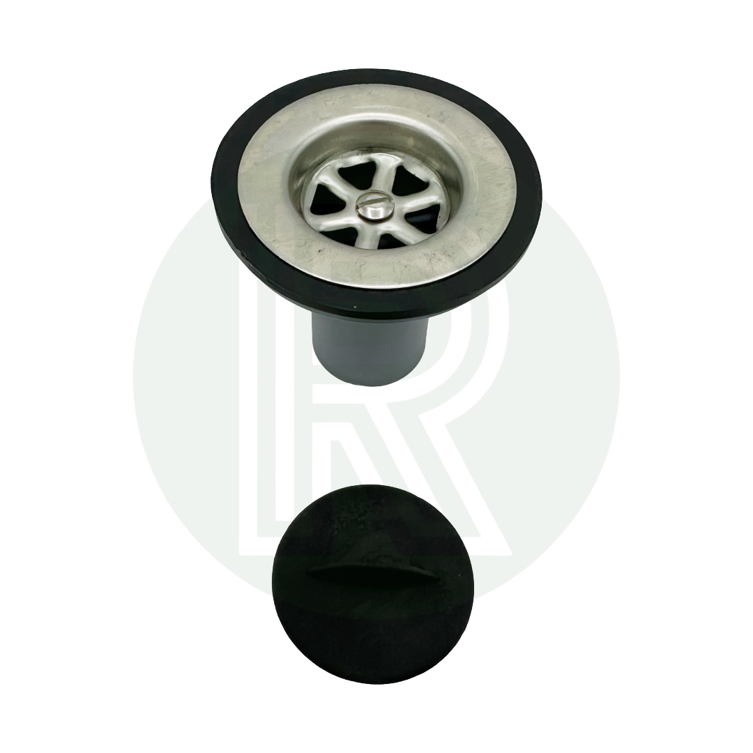Grey straight sink waste fitting with sink plug for campervan caravan and boat sinks