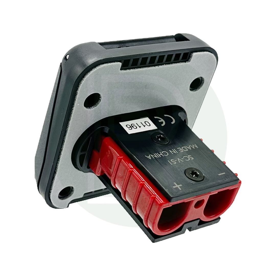 Rear view of Anderson 50A connection showing mounting plate, terminals, and integrated red connector housing.