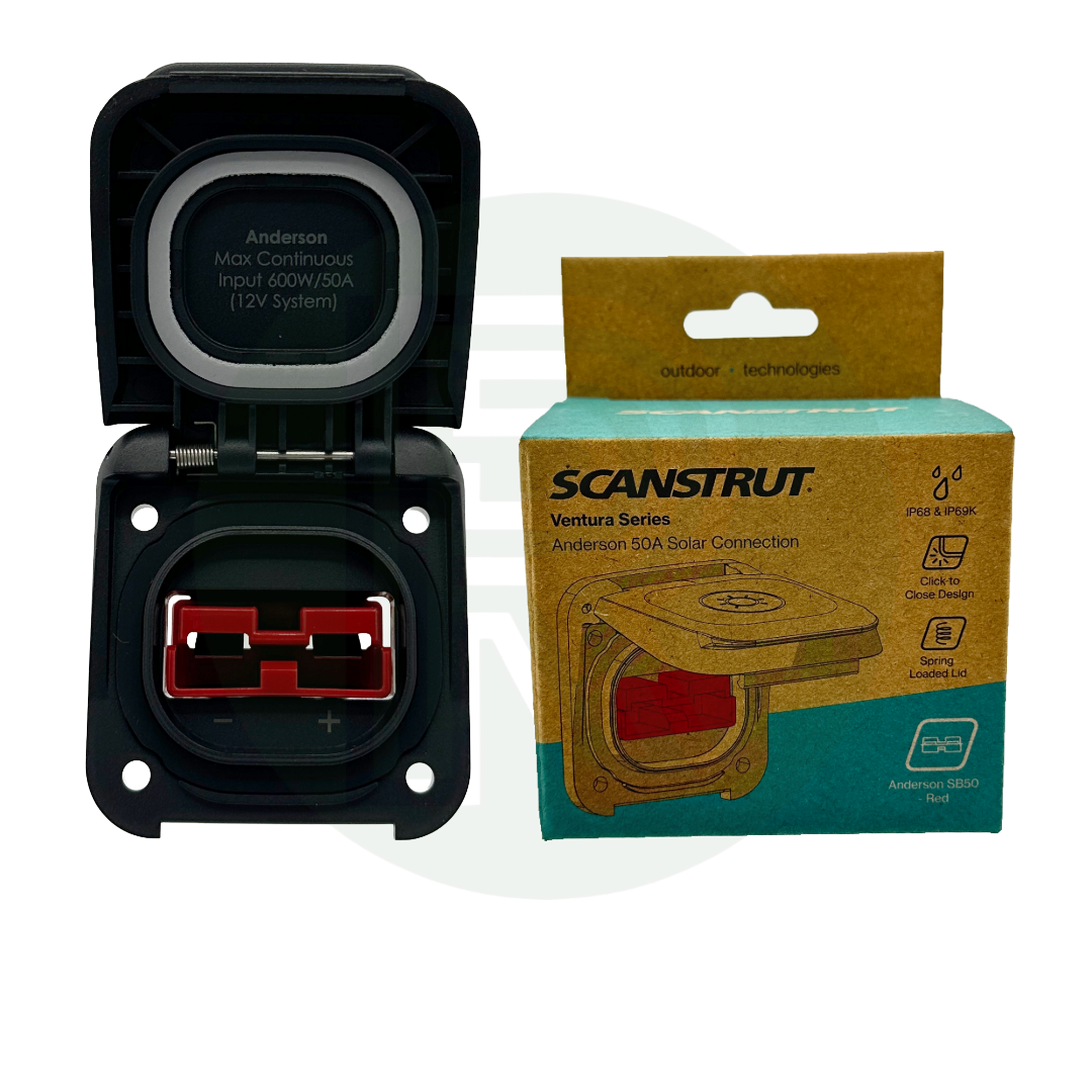 Anderson 50A solar connection with open lid displayed next to Scanstrut Ventura Series retail packaging.