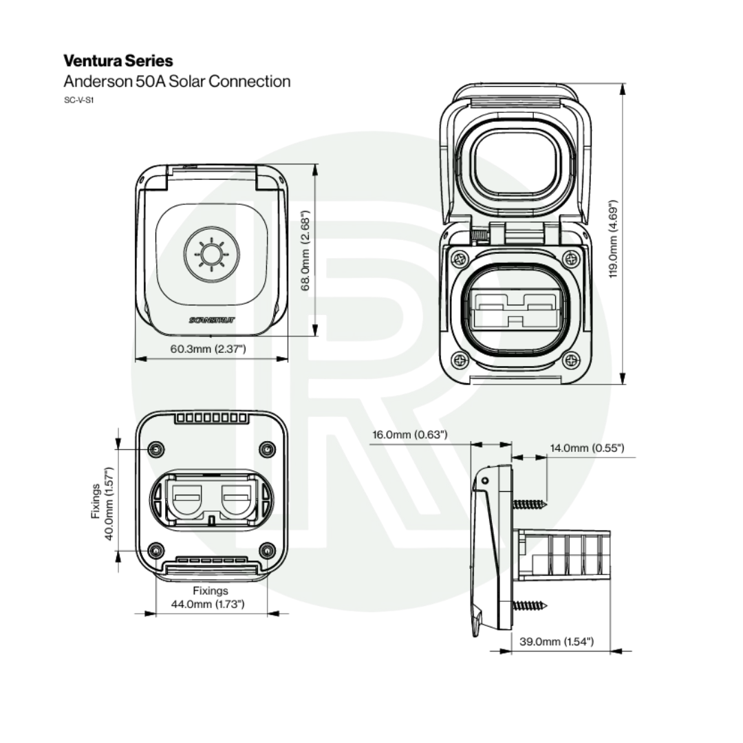 Technical diagram of Anderson 50A solar connection showing dimensions, mounting layout, and installation details.