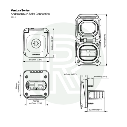 Technical diagram of Anderson 50A solar connection showing dimensions, mounting layout, and installation details.