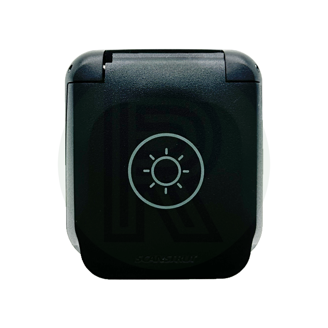 Front view of solar connection with closed lid featuring solar icon on black panel.