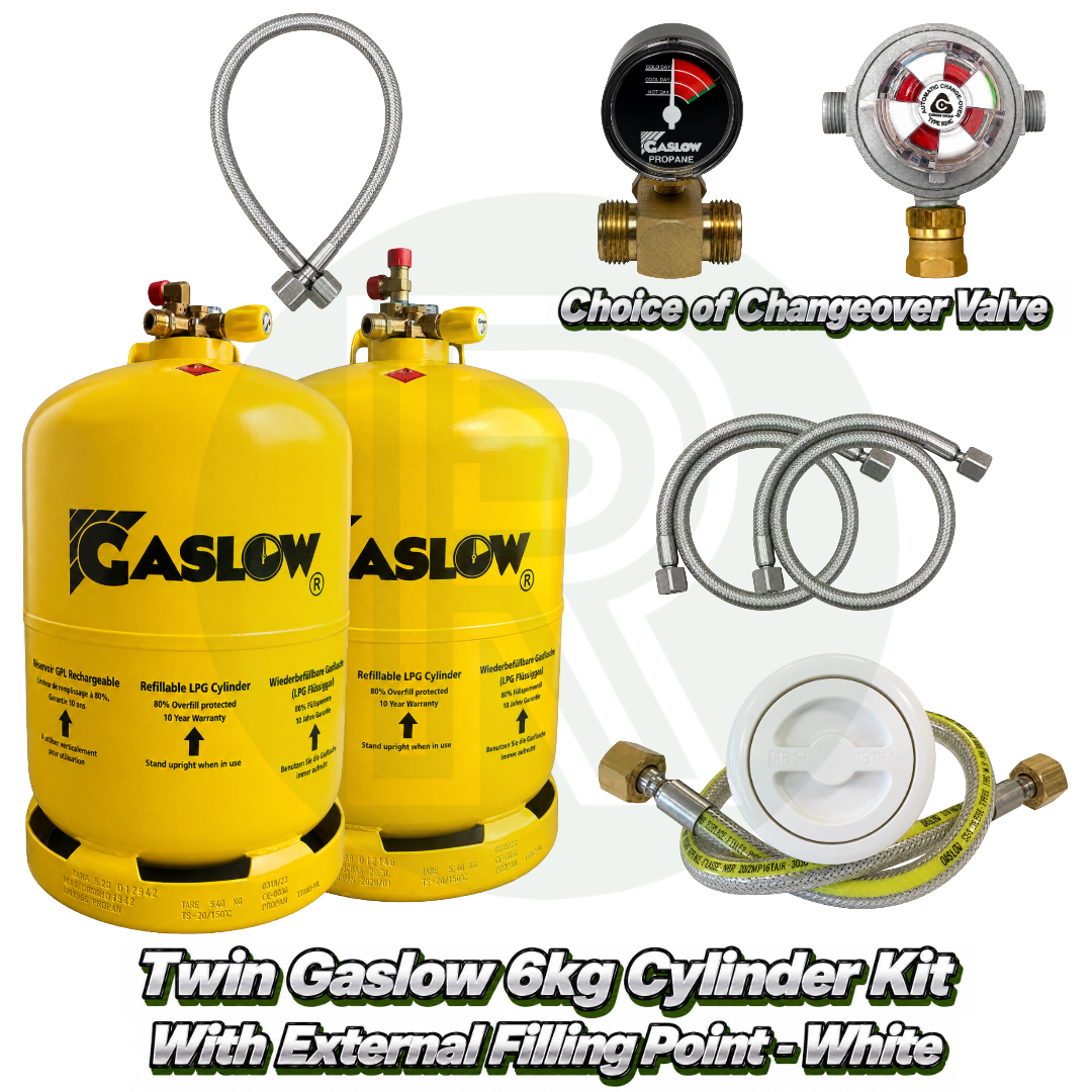 Twin Gaslow 6kg Refillable Cylinder Kit with External Filler - White