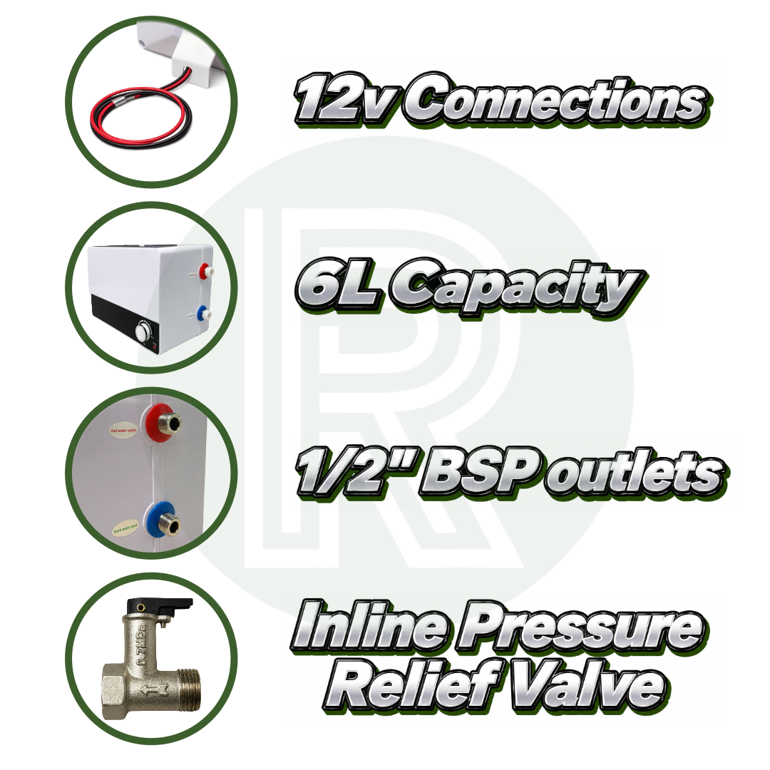 6L 12V water heater showing 12V operation, 6 litre capacity and 1/2 BSP water connections