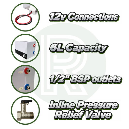 6L 12V water heater showing 12V operation, 6 litre capacity and 1/2 BSP water connections