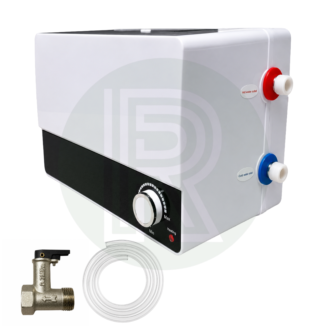 Front angled view of 6L 12V water heater for campervan and motorhome installations