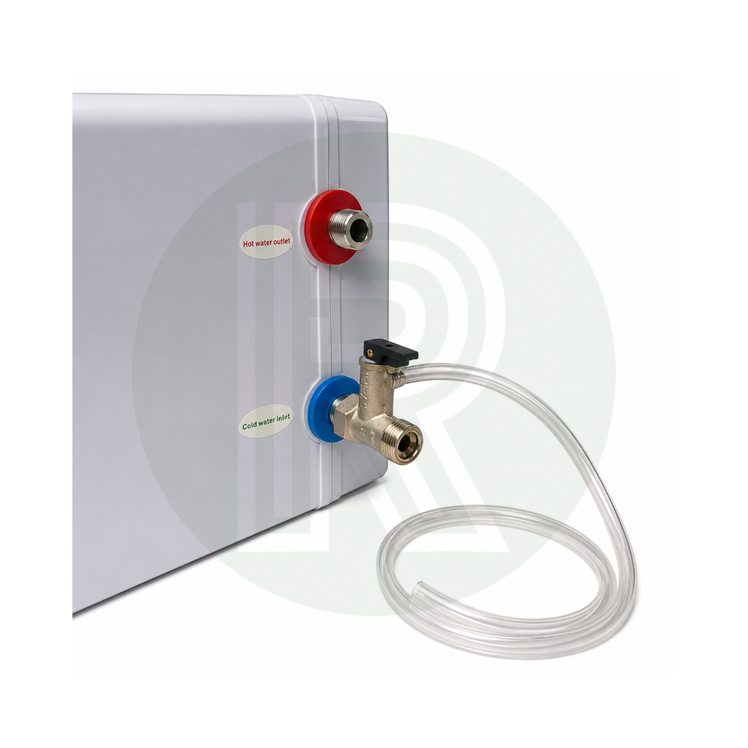 Rear water inlet and outlet connections on 6L 12V water heater