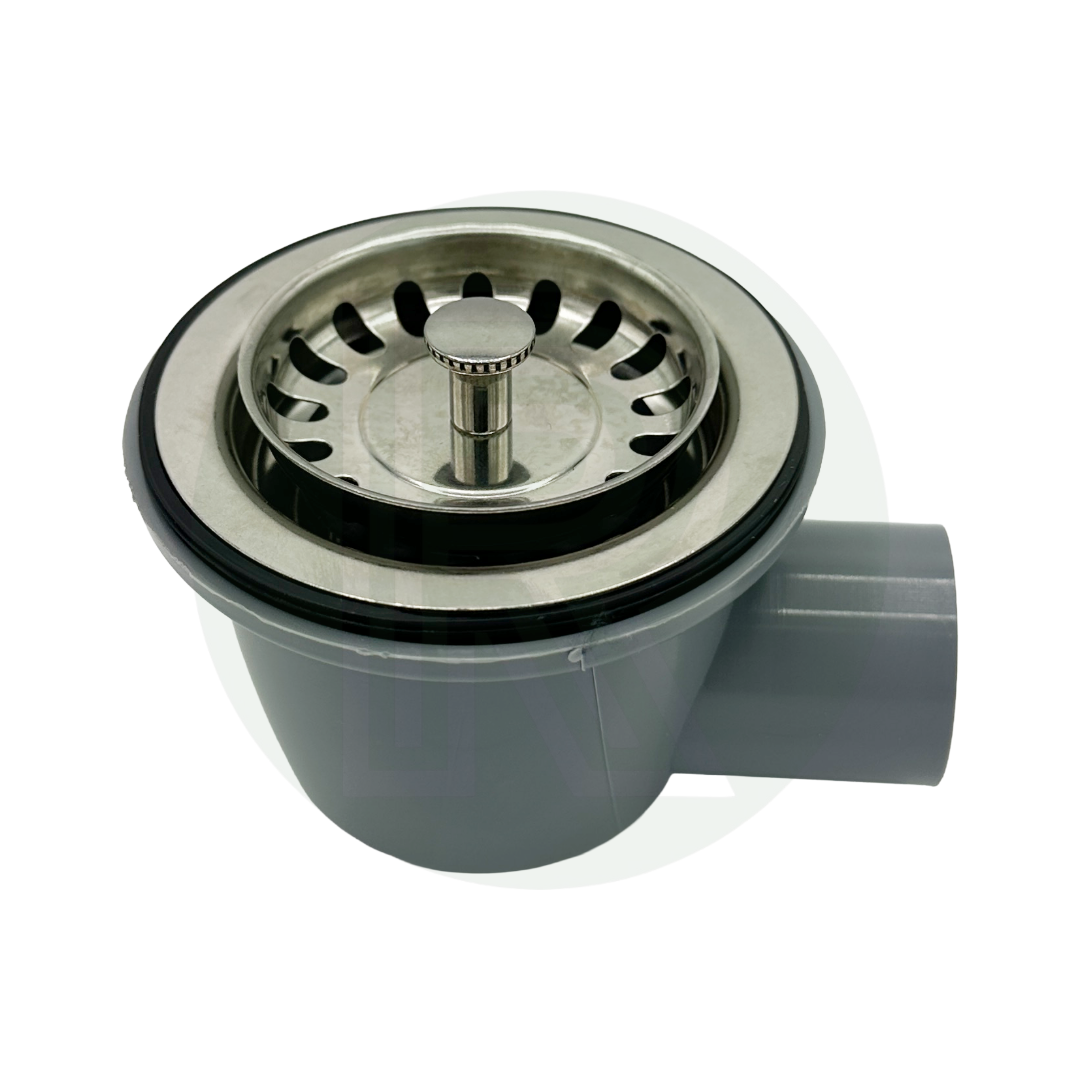 70mm sink waste with 90 degree outlet and removable strainer for campervan caravan and boat sinks