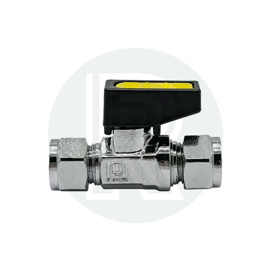Side view of 8mm LPG gas isolation valve with yellow on off lever and compression fittings