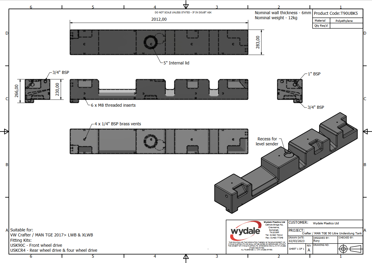 90ltr VW Crafter/MAN TGE LWB/XLWB Underslung Water/Waste Tank 2017 Onwards
