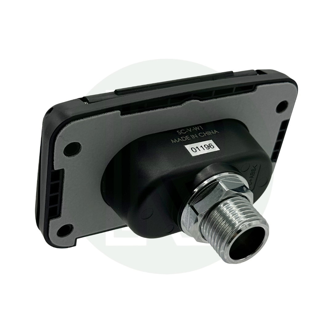 Rear view of washdown socket showing mounting plate and threaded hose connection.