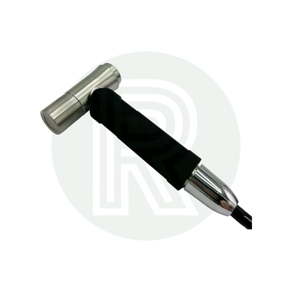 Close-up of spray nozzle and hose connector with metal fitting.