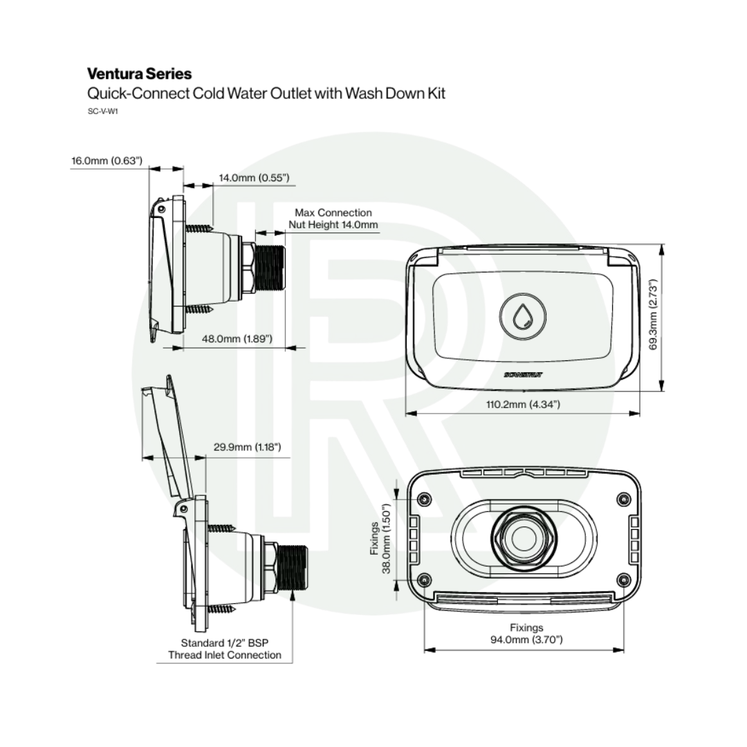 Technical drawing showing dimensions and installation details of the washdown socket.