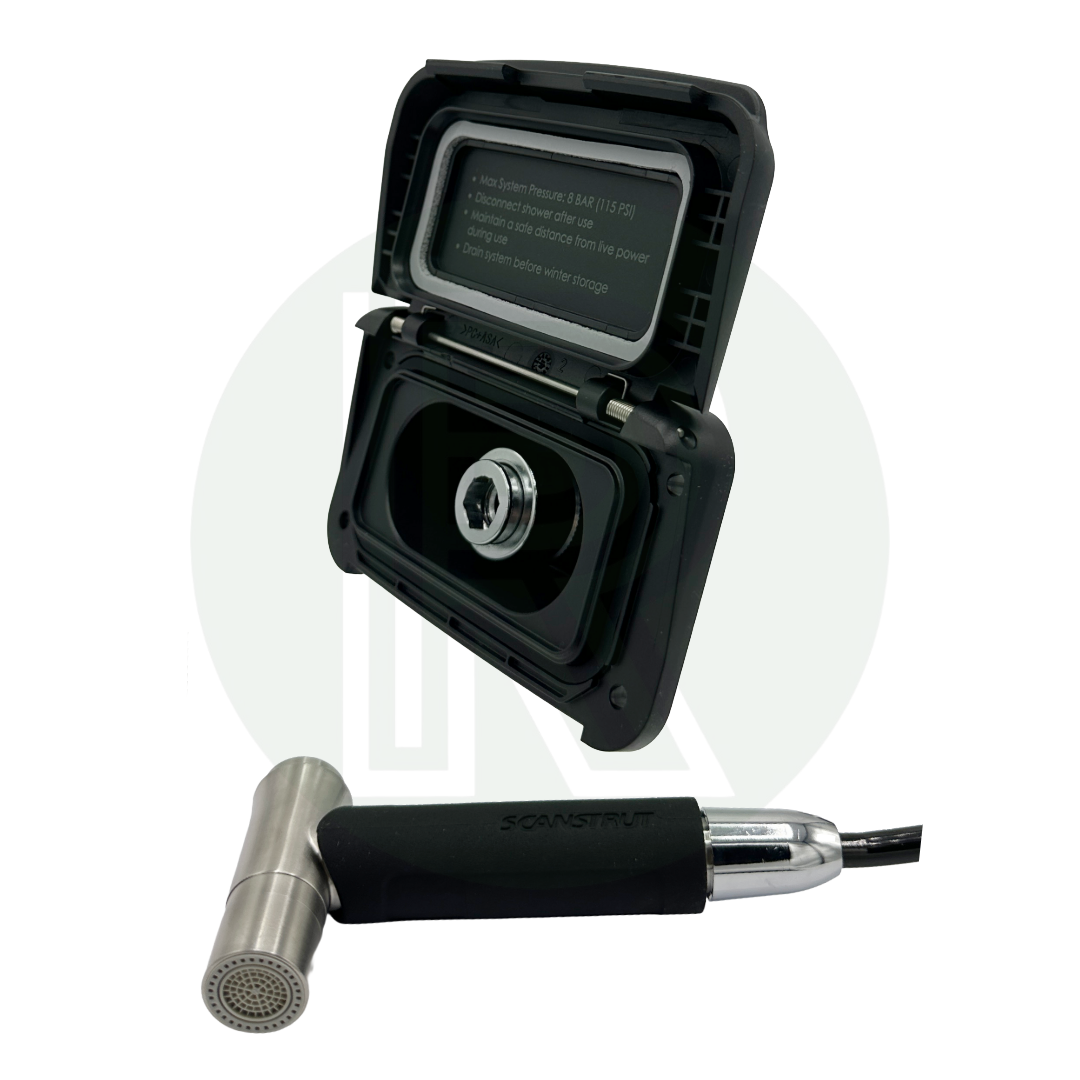 Scanstrut Ventura cold water washdown kit with open waterproof socket, stainless steel quick-connect outlet, and attached hose connector.