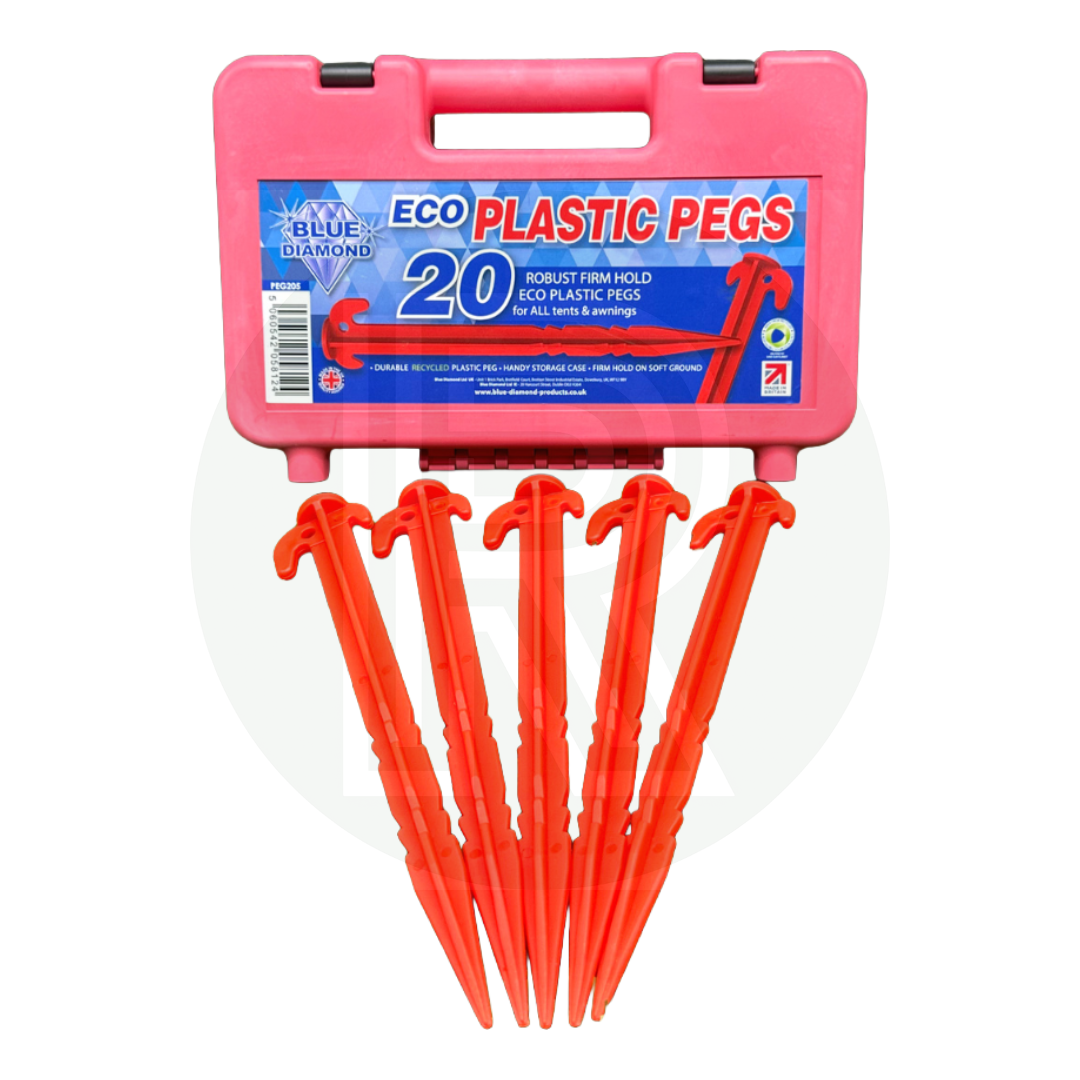 Blue Diamond Eco Plastic Pegs 20-piece set with red heavy-duty pegs for soft ground and pink storage case for tents and awnings.