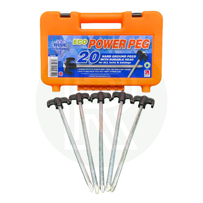Blue Diamond Eco Power Peg 20 hard ground tent and awning pegs with durable black heads and orange storage case.