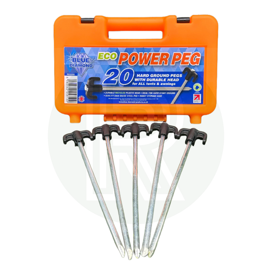 Blue Diamond Eco Power Peg 20 hard ground tent and awning pegs with durable black heads and orange storage case.
