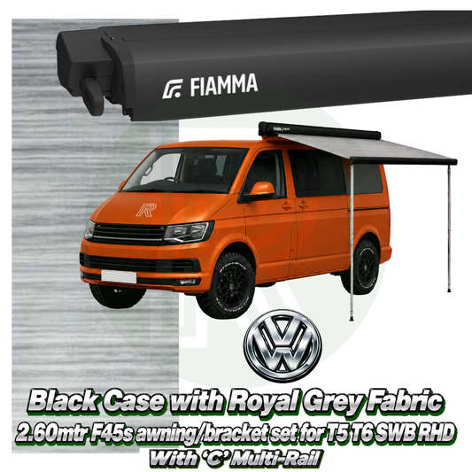 Fiamma F45s 2.60m Black Awning Pack + Adapter for VW T5 T6 SWB RHD