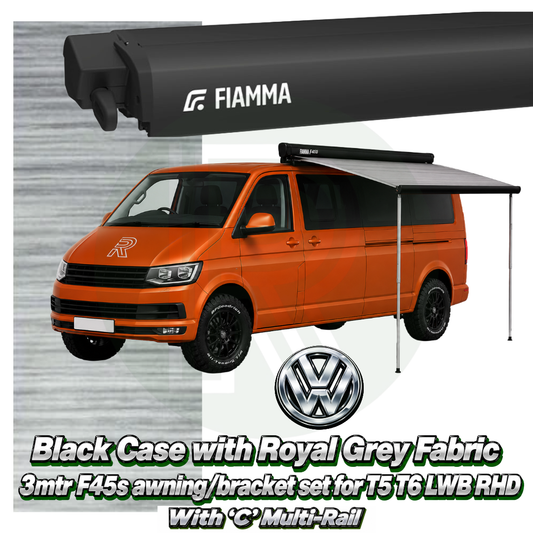 Fiamma F45s 3.00m Black Awning Pack + Adapter for VW T5 T6 LWB RHD