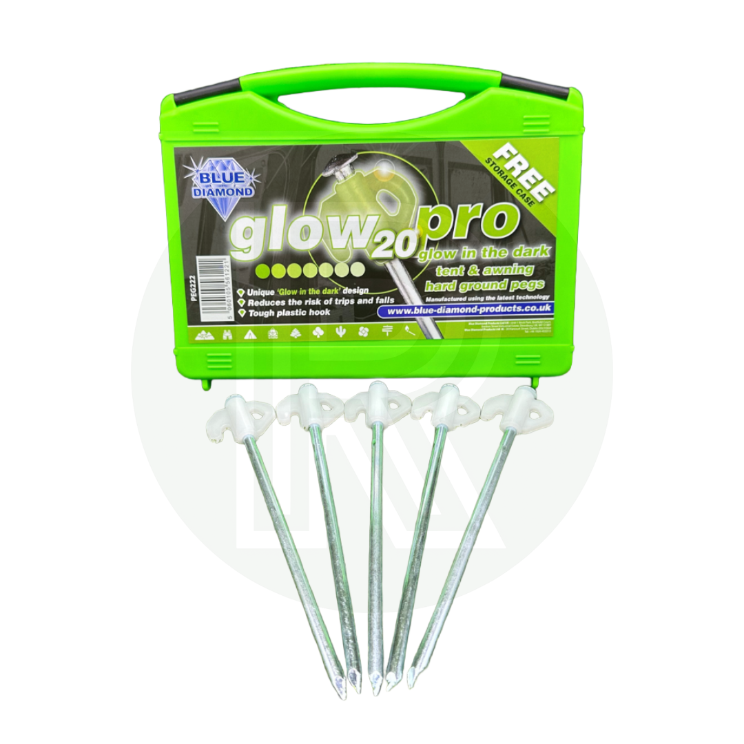 Blue Diamond Glow Pro 20 glow-in-the-dark hard ground tent and awning pegs with green storage case and five steel pegs displayed.