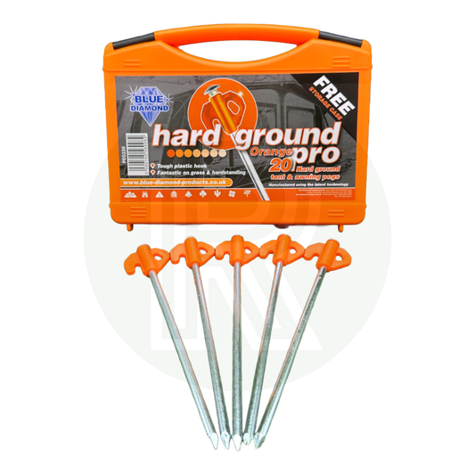 Blue Diamond Hard Ground Pro 20 tent and awning pegs with orange plastic heads and steel spikes in orange storage case.