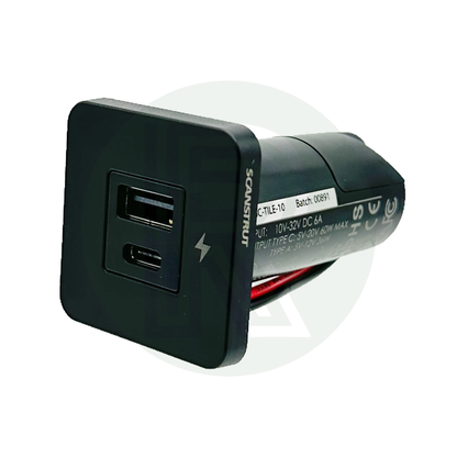 Angled view of USB-A and USB-C socket showing front panel and compact square bezel design.
