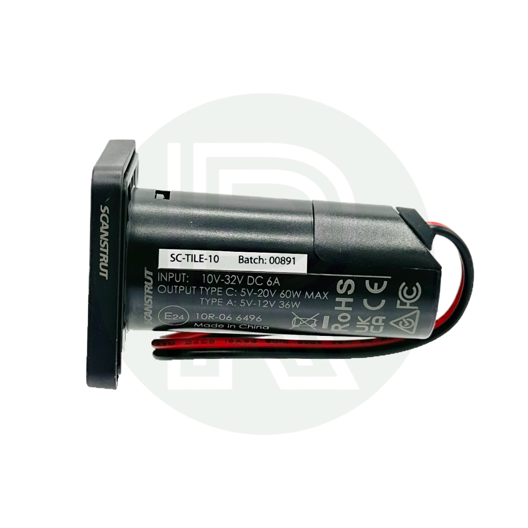 Side profile of charging socket showing cylindrical body, printed specifications, and red/black wiring.