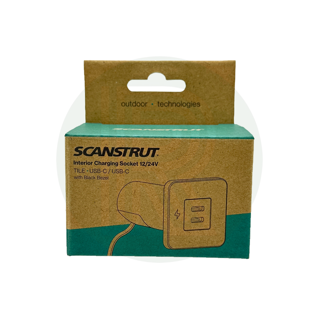 Scanstrut interior dual USB-C charging socket packaging showing product illustration and specifications.