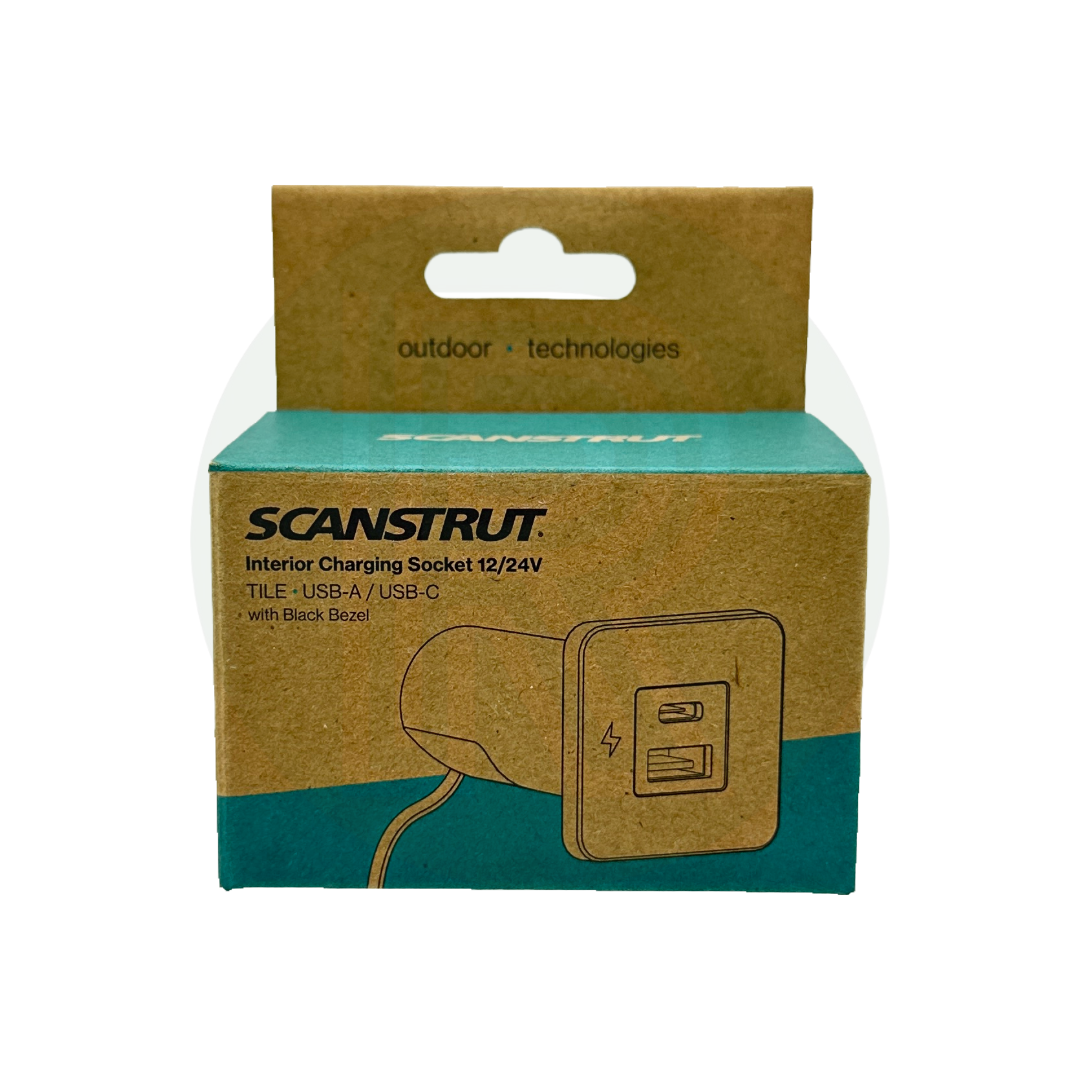 Scanstrut interior charging socket packaging labeled USB-A and USB-C with product illustration.